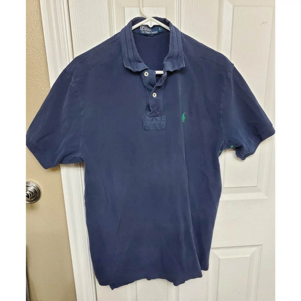 Polo Ralph Lauren Mens Large Blue Short Sleeve Polo Shirt Green Logo Cotton